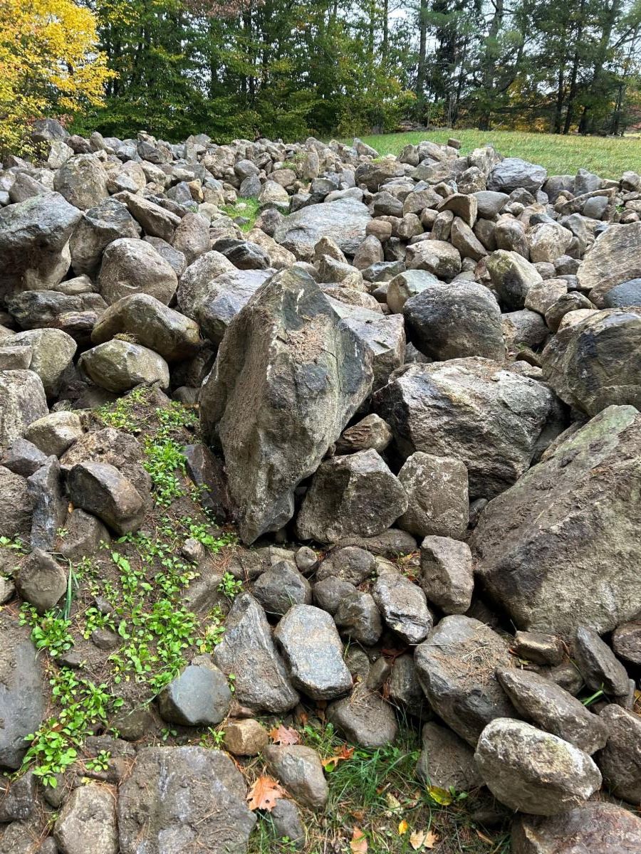 the truckloads of rocks have been moved to the small field next to the blacksmith teaching studio